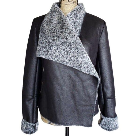 Women's Suede Faux Fur Jacket Medium Black Open Front Chic Cozy Coat NEW - Picture 6 of 10